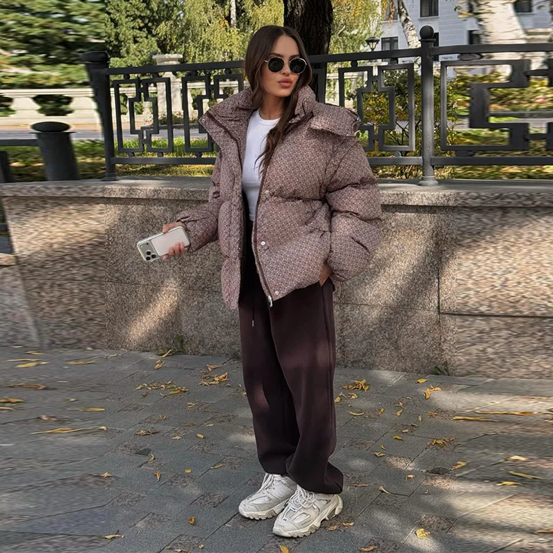 Bedruckte Damen-Pufferjacke mit Kapuze, Reißverschluss vorne, Langarmjacke, Oversize-Freizeitmantel, 2026, warme, modische Streetwear-Oberbekleidung – Detail 9