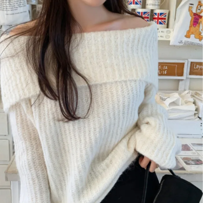 Lockerer langer Sve Oulder Bared Strickpullover Damen SLE Korean Lazy Faion Frühling Herbst 2026 Damen Faion Trend