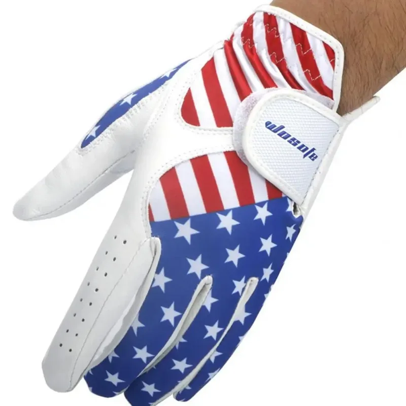 1Pc Golf Glove Adjustable Closure American Flag Pattern Wear Resistant Synthetic Leather Golf Glove for Men White Gloves