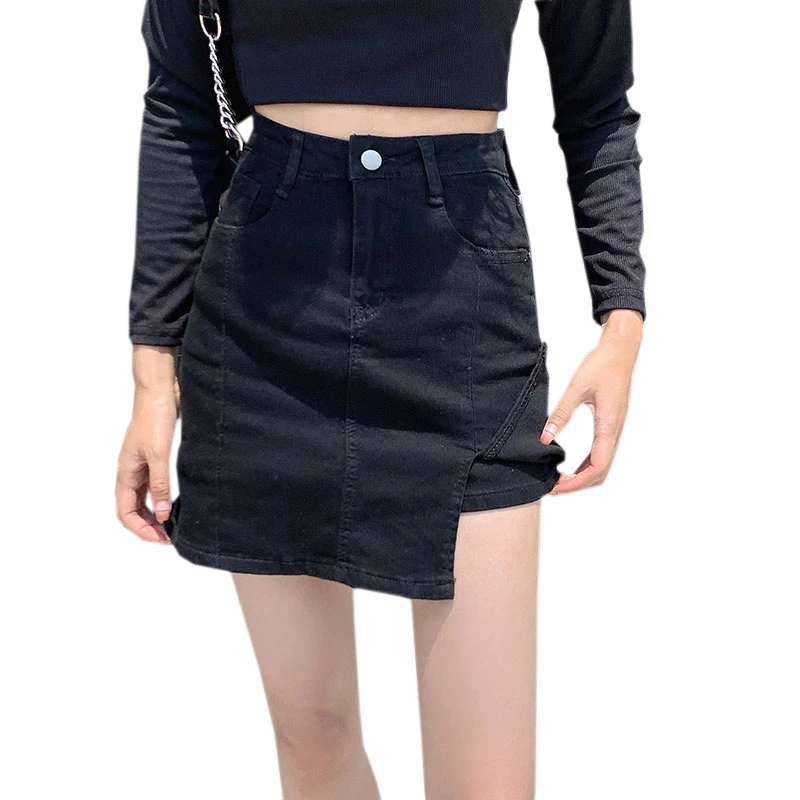 Package hip a word short denim bustier bullet force ins tide anti-glare design sense open high waist black pants skirt female