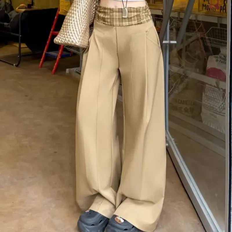 Fashion Vintage Plaid Patchwork Casual Pants Spring Autumn American High Waist Female Clothing Wide Leg Loose Pockets Trousers
