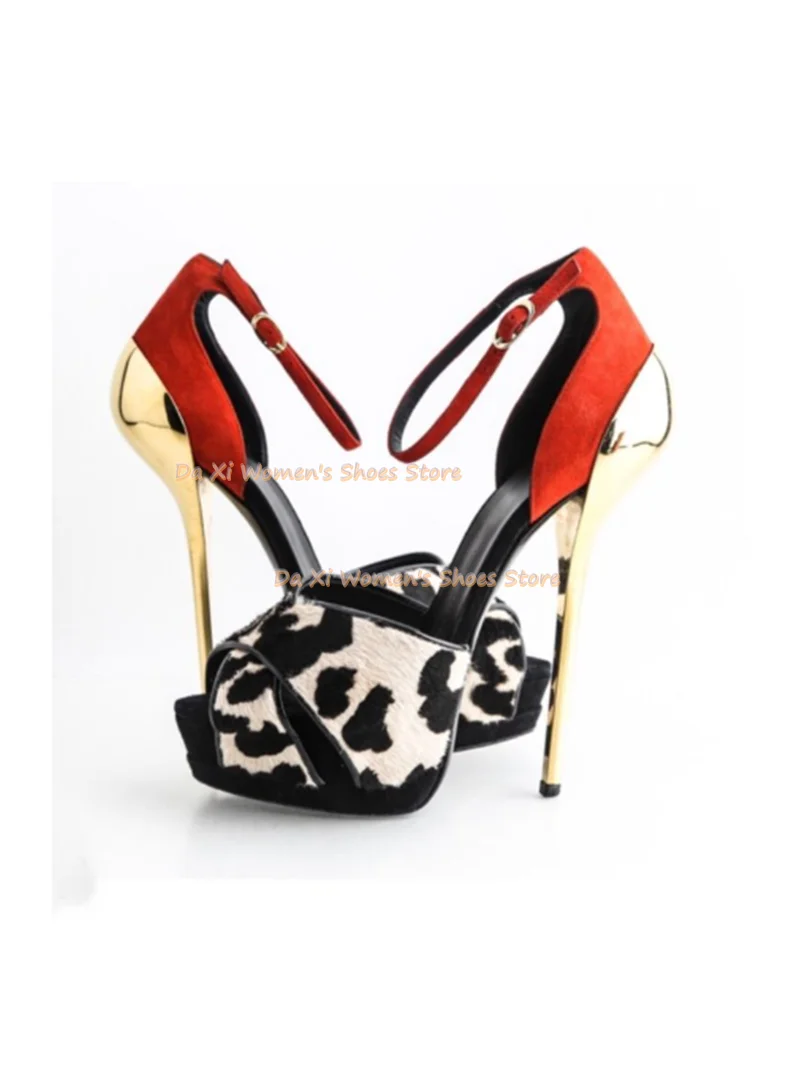 Round Head Open Toes Instep Cow Color Cross Suede Hollow Out Women's Shoes Waterproof Platform  Super High Stilettos Luxurious S