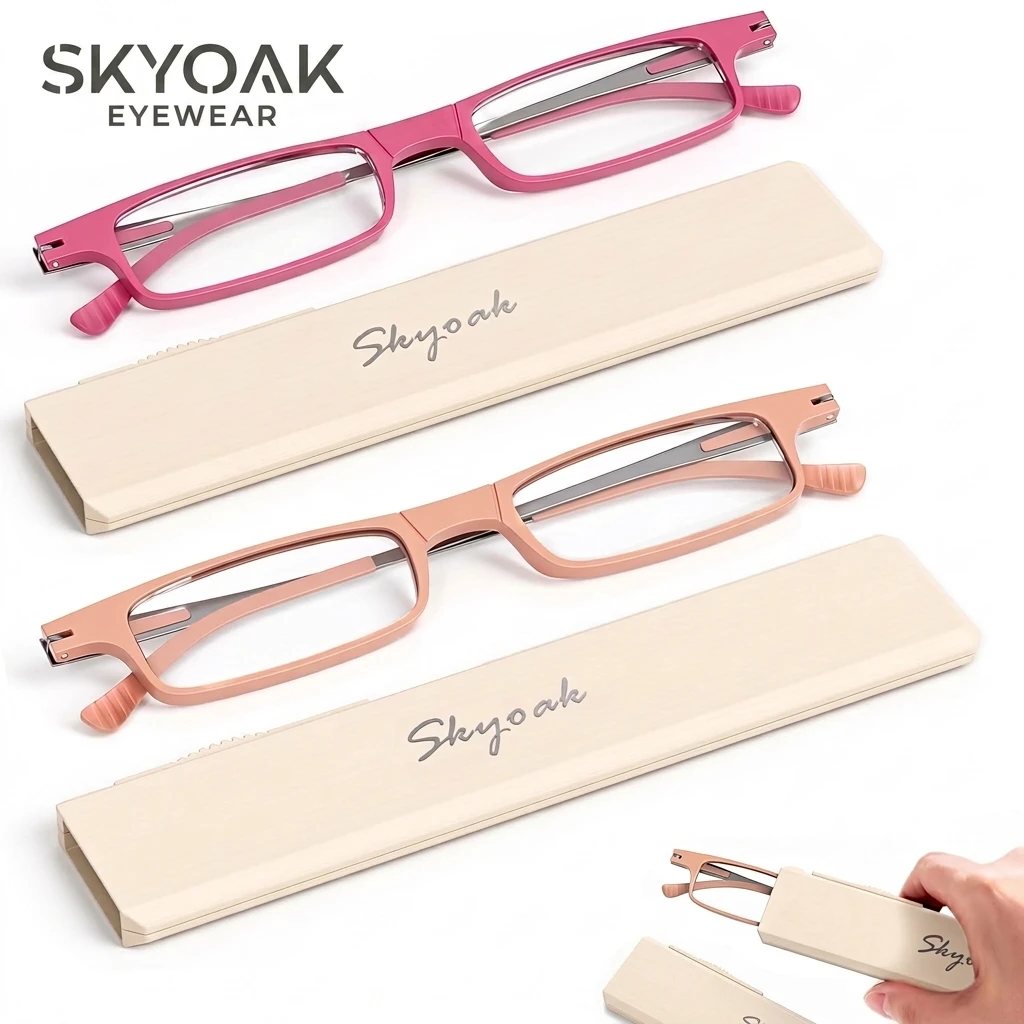 SKYOAK 2 Pack Ultra Thin Folding Reading Glasses for Women, TR90 Lightweight Blue Light Blocking Readers with Slim Flat Case Set