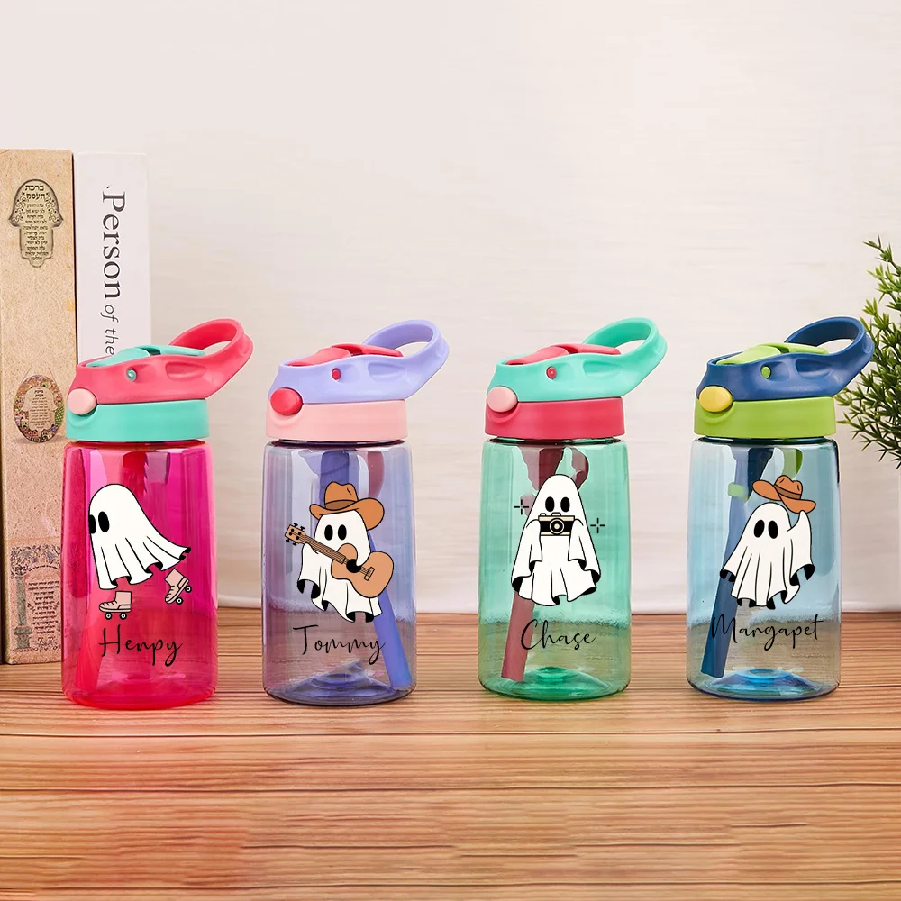 PersonalizedKids Water Bottle, Custom Name Flip Top Straw Cup, Cute Ghost Portable Drinking Bottle For Boys Girls Halloween Gift view 3