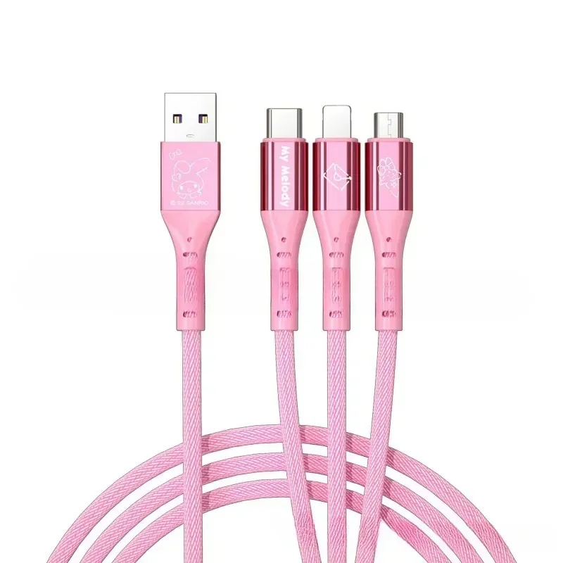 Kawaii Hello Kitty 3 in 1 Fast Charging Cable Data Line MINISO Kuromi for Micro Type-C USB Lightning Portable Car Charger New