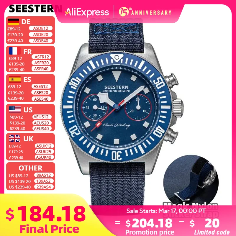 Sugess New Mens Watch Chronograph ST1901 Mechanical Movement Luminous Wristwatches Sapphire Magic Nato Sticker Strap Sport Clock