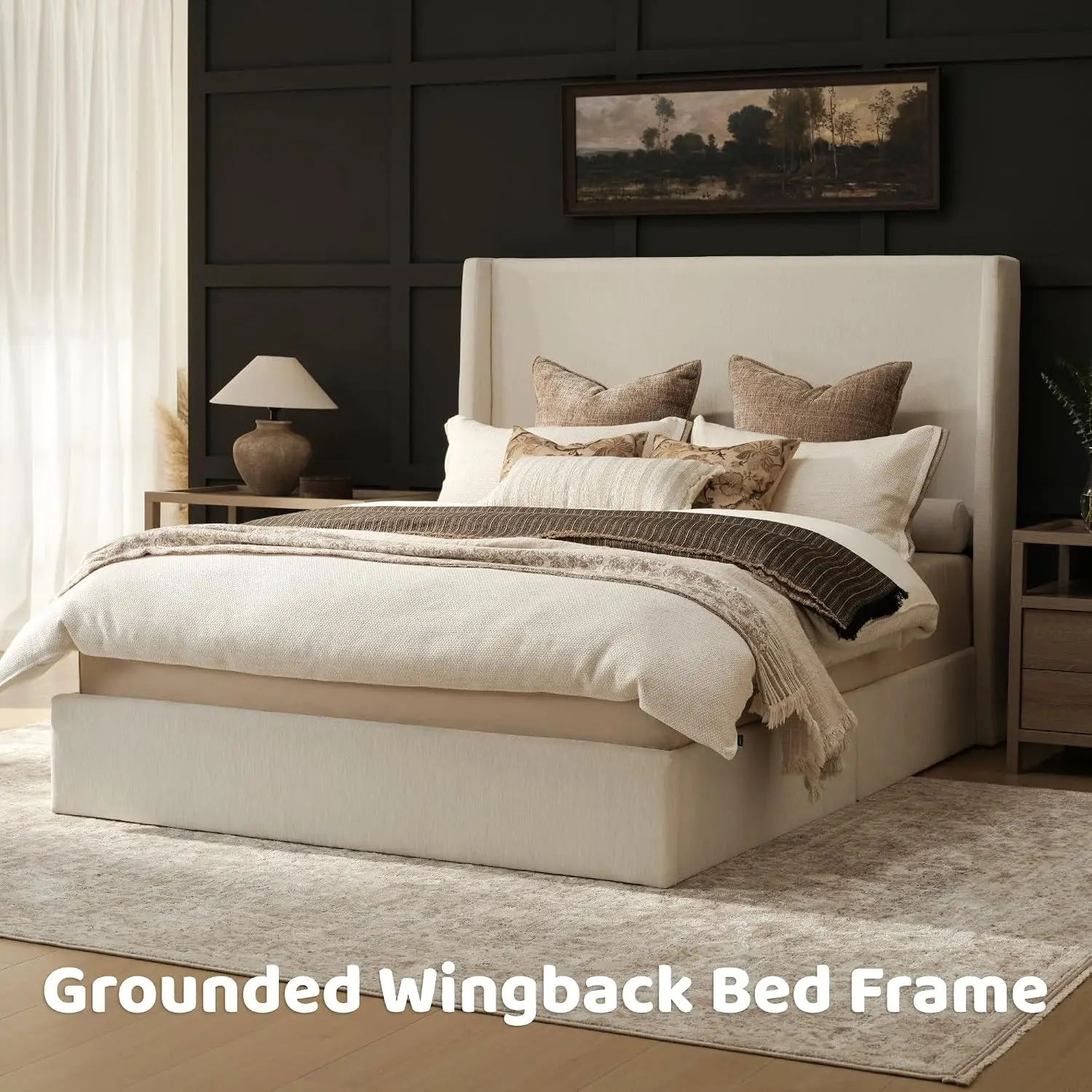 Queen Bed Frame 53in Tall Wingback Headboard Upholstered Platform Squeak-Free No Box Spring Beige, Customized