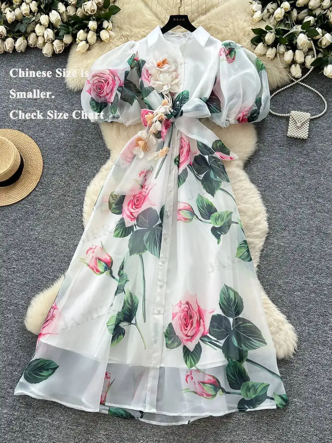 Abito lungo floreale in tulle di organza estivo da donna manica corta rosa fiore 3D monopetto ampio taglia grande una linea maxi abiti camicia