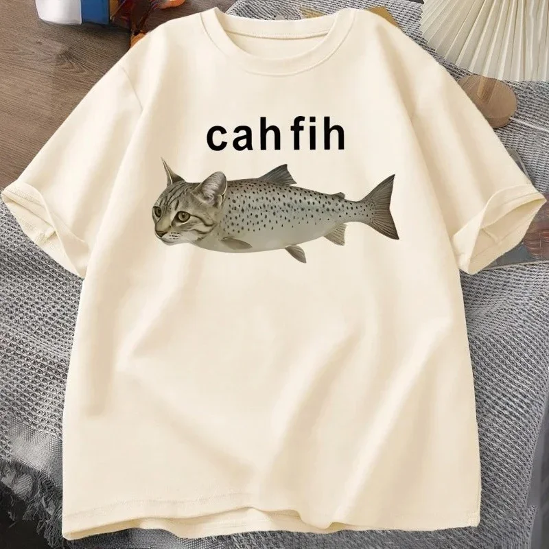 

Camiseta Cah Fih Fih divertida camiseta de pez desemp!)ado Meme camiseta gráfica de gato y pez camiseta de Humor pantalóalK