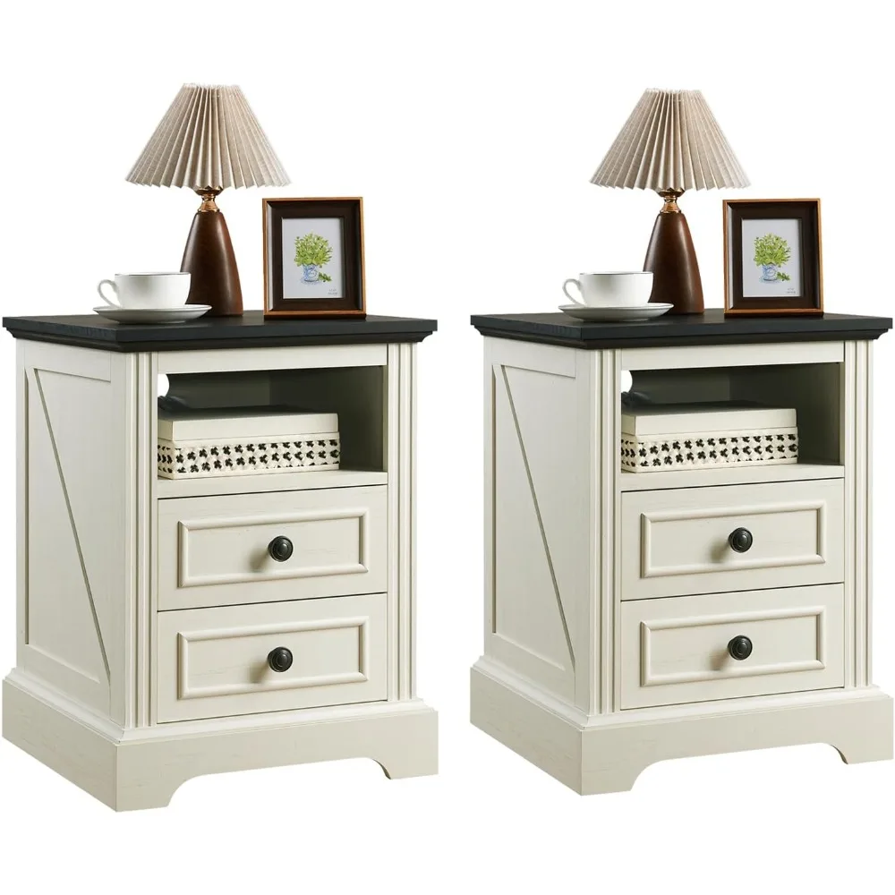 

Nightstand Set of 2 with Charging Station, Side Table with 2 Drawers and Open Storage, 18" Retro Bedside Table, End Table for Be