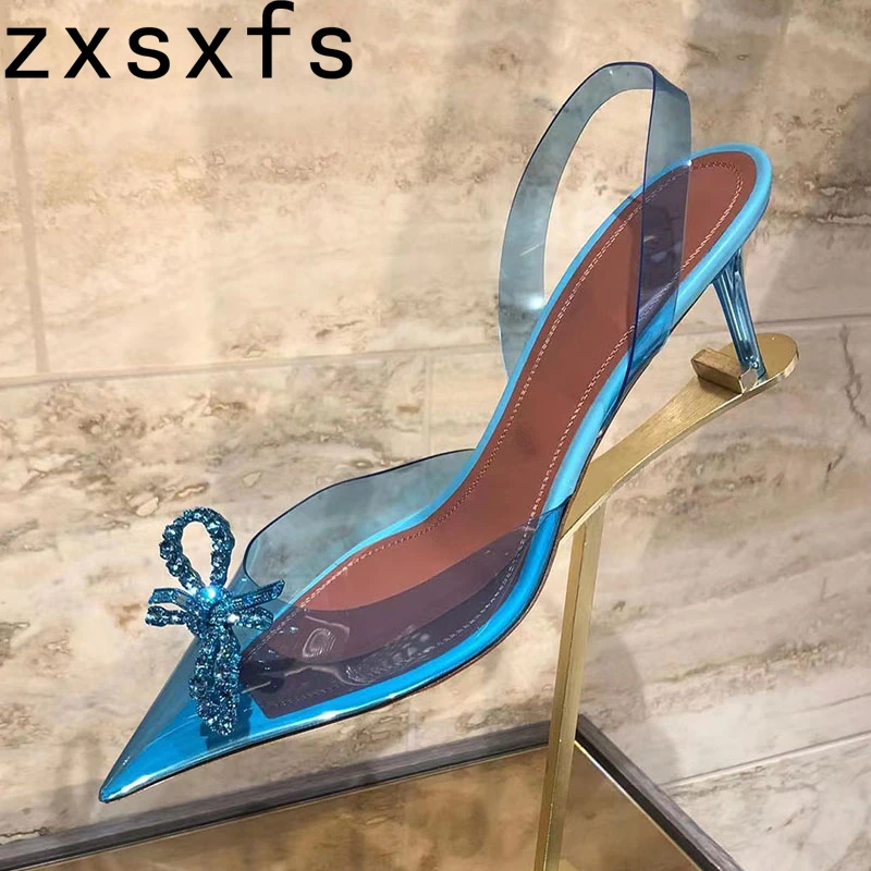 

Crystals PVC Peep Toe Sandals Women High Heels Party Shoes Woman Bowties Slingbacks Sexy Green Rhinestones Sandalias Mujer