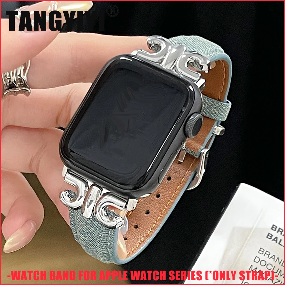 Denim Leather Strap For Apple Watch Series 9 8 7 6 SE 5 45/44/42/41/40/38mm Luxury Metal C Connect Bracelet IWatch Ultra 2 49mm