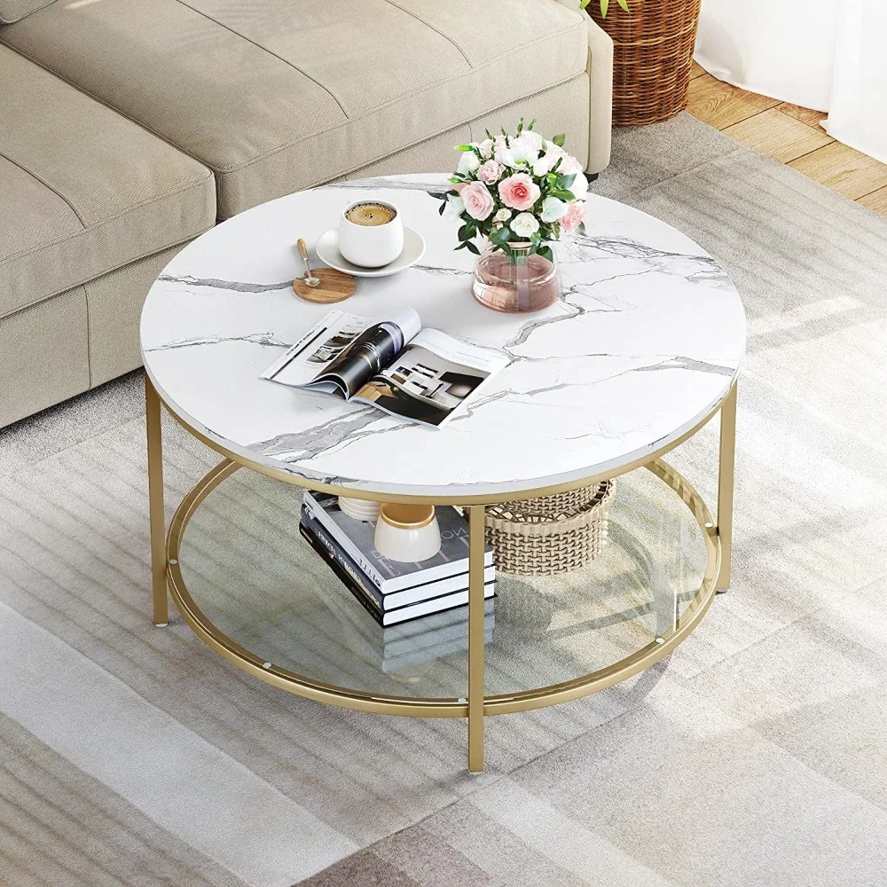 

2-Tier Round Coffee Table Marble Center Cocktail Table with Glass Open Storage Shelf, White