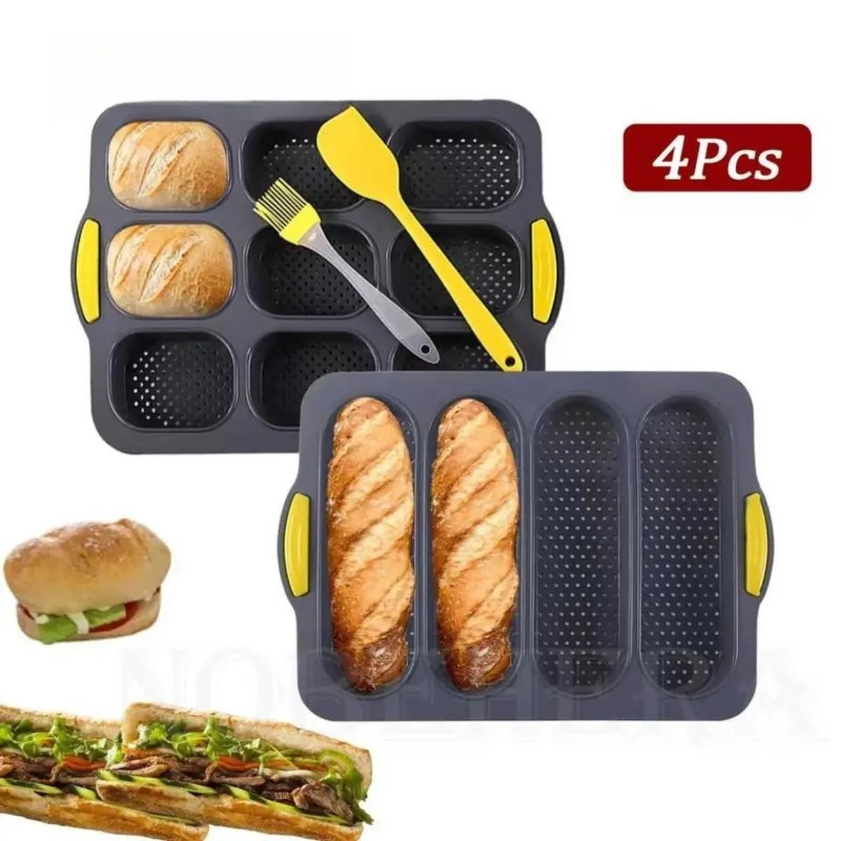 

Silicone Baguette Baking Mold, 4 Counts/set Including 2 Counts Baguette Food Baking Pan with Spatula & Oil Brush, Bakeware