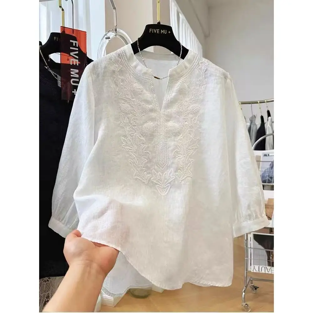 

Рубашка из конопляной ткани с вышивкой и рукавами три четверти для женщин, весенне-летняя, тонкая, во французском стиле, очень красивая.