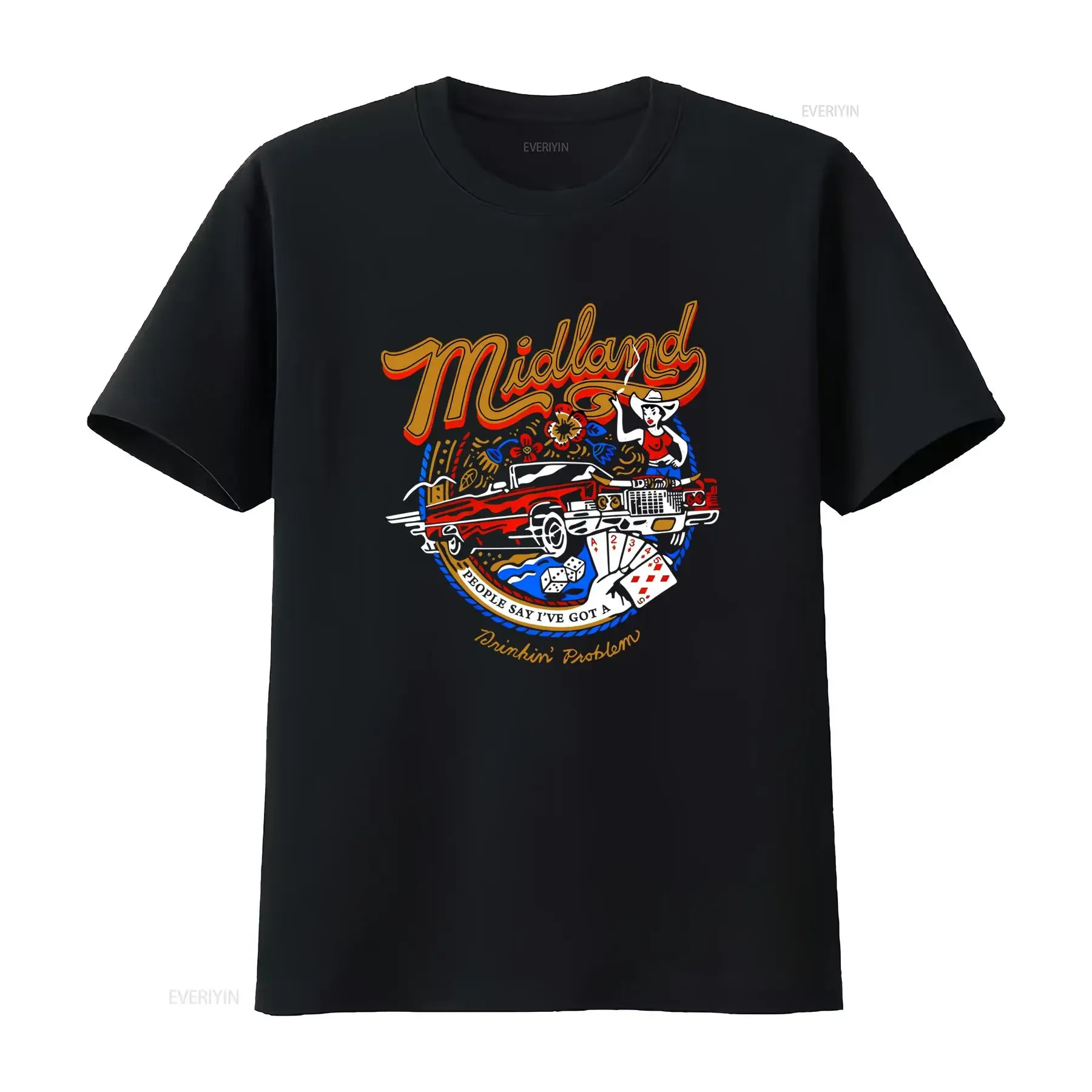 camiseta-masculina-new-midland-drinking-problem-estilosa-com-design-de-carro-poker-e-cowgirl-disponivel-em-tamanhos-americanos-com-efeito-vintage-lavado