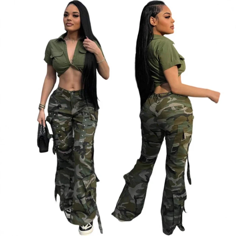 

Pant Set Women Two Piece Sets Camouflage Turn Down Collar Short Sleeve Tops Cargo Pants High Waist Y2k Streetwear Spring 2026
