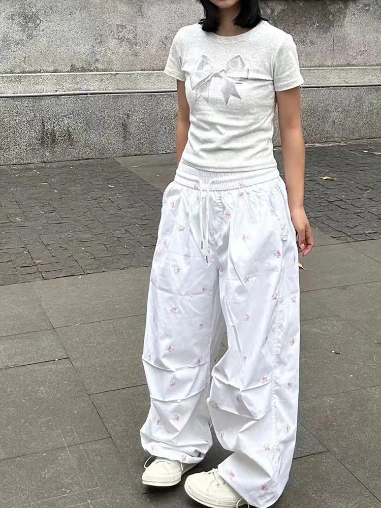 Baggy Pink Bow Print Parachute Pant Women Harajuku Hip Hop High Waist Wide Leg Trousers Y2k Streetwear Casual Joggers Sweatpants