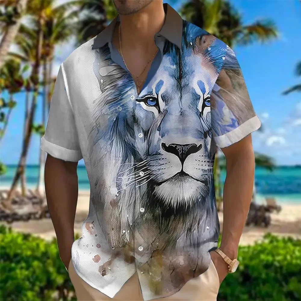 Camisa havaiana com estampa animal 3D masculina e feminina, padrão leão, manga curta, solta, top respirável grande, verão, nova