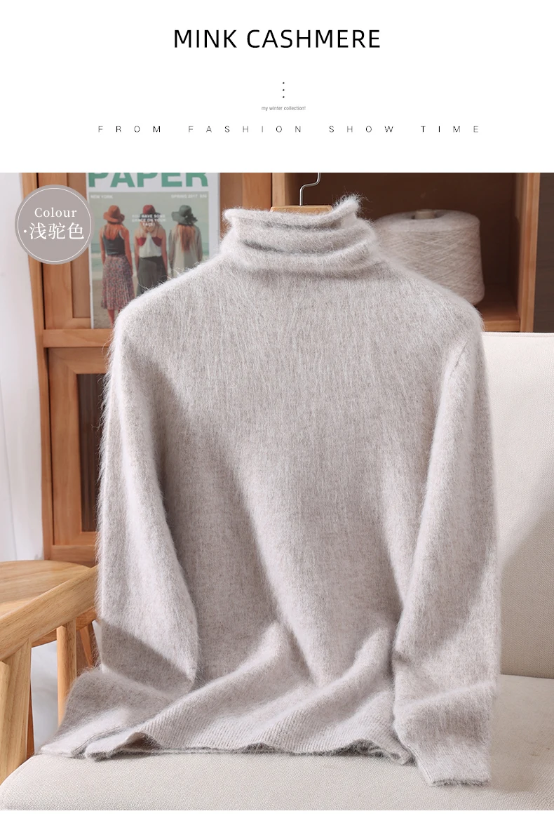 100% Pure Mink Fur Sweater Women's Pullover High Neck Knitted Sweater Autumn Winter New Item Pile Collar Thick Soft Base Sweater