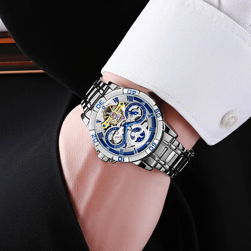 KunHuang Original Men's Automatic Mechanical Moon Phase Watch Stainless Steel Skeleton Waterproof Fashion Wristwatch For Man