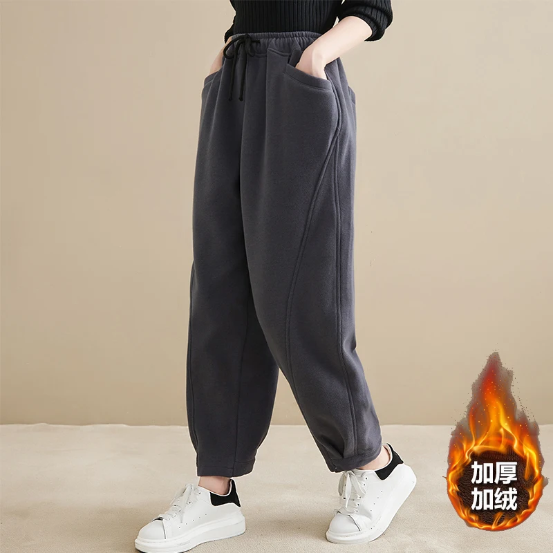 

2024 autumn Winter Trendy Fleece Thick Warm pants Loose Casual Trouser Women Solid Color Elastic Waist sweatpants female R500