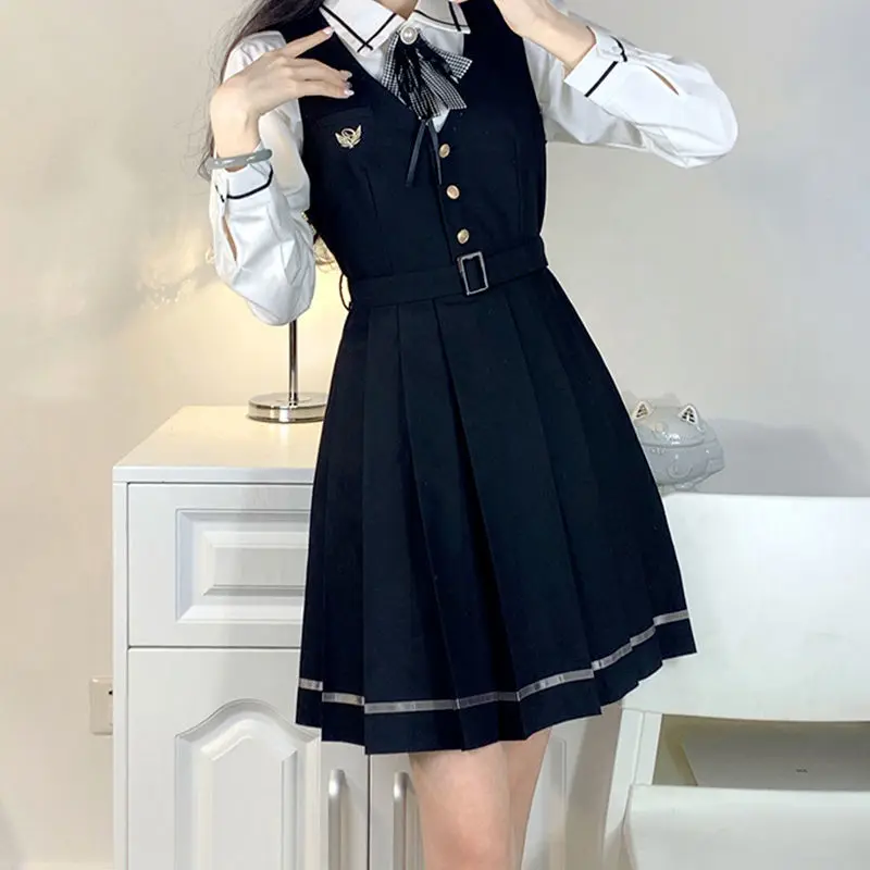 MAGOGO Original Japanese Short Dress Sets Women Autumn College Style High Waist Pleated Skirt with Shirt Coat Three-piece Suit