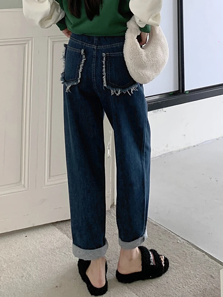 

Streetwear Harajuku Style Tooling Casual Jeans Fashion Irregular Burrs Design Straight Trouser Loose Denim Wide Leg Pants