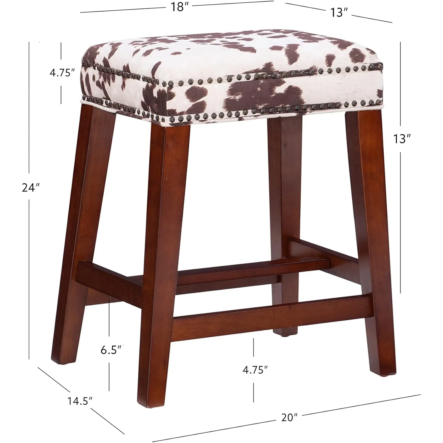 مقعد مرتفع بطبعة بقرة بنية مفتوح الظهر مقاس 24 بوصة، متين وقوي، بعمق 14.5 بوصة × 20 بوصة وعرض × 24 بوصة