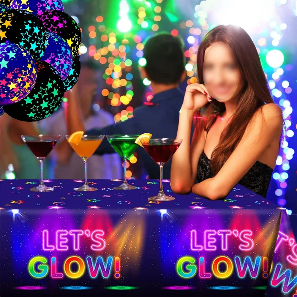 Glow Party Decorations Cups Plates Tablecloth Napkins Banner Neon Latex Balloons for Glow Birthday Disco Party Wedding Supplies