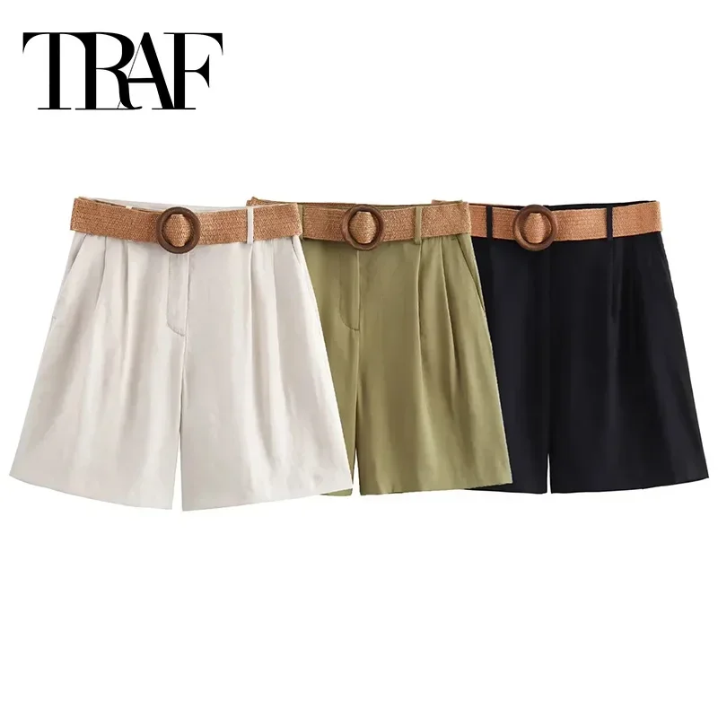 

TRAF Women Summer Casual Baggy Shorts 2024 Woman Fashion Black High Waist Shorts Belt Bermuda Shorts Woman Loose Women's Shorts