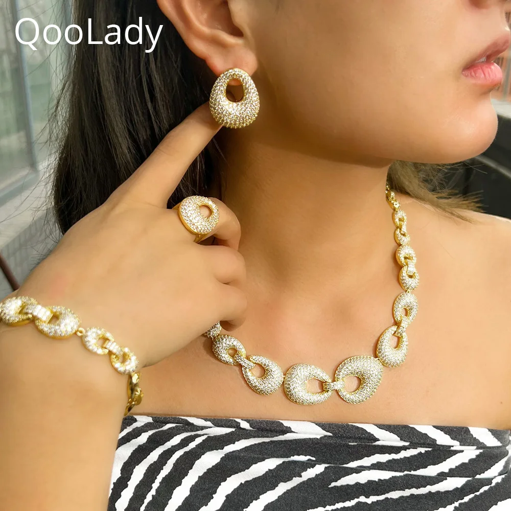 

QooLady Expensive Brazilian Gold Color CZ Zircon Big Round Link Chain Necklace Earrings 4Pcs Wedding Jewelry Set for Brides Z050