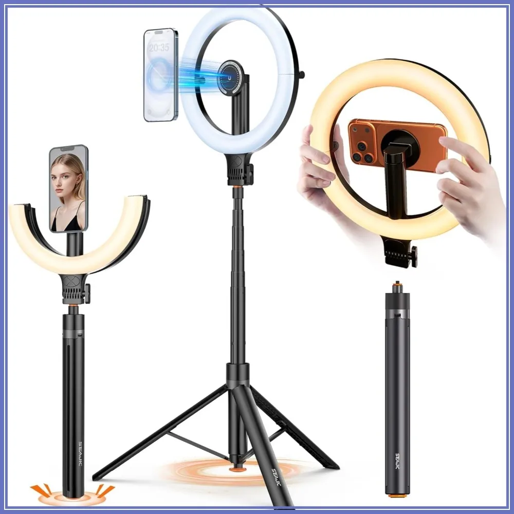 10.2" Magnetic Ring Light with 64" Tripod, 5000mAh Rechargeable, 3000K-6500K for iPhone, Video, Photography