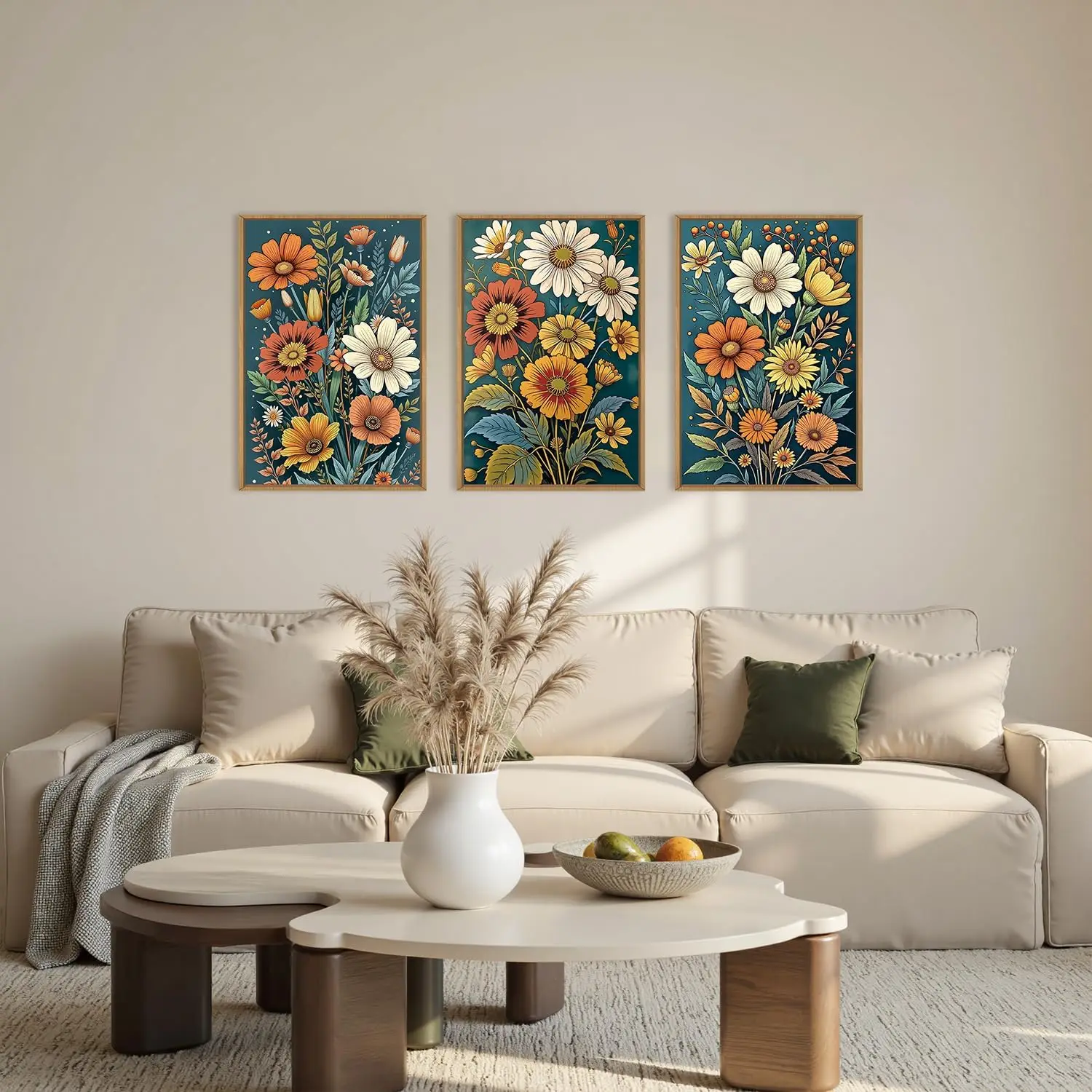

3pcs Retro Bohemian Floral Canvas Wall Art, Colorful Wild Flowers and Green Leaf Wall Decoration, Natural Plant Home Decoration