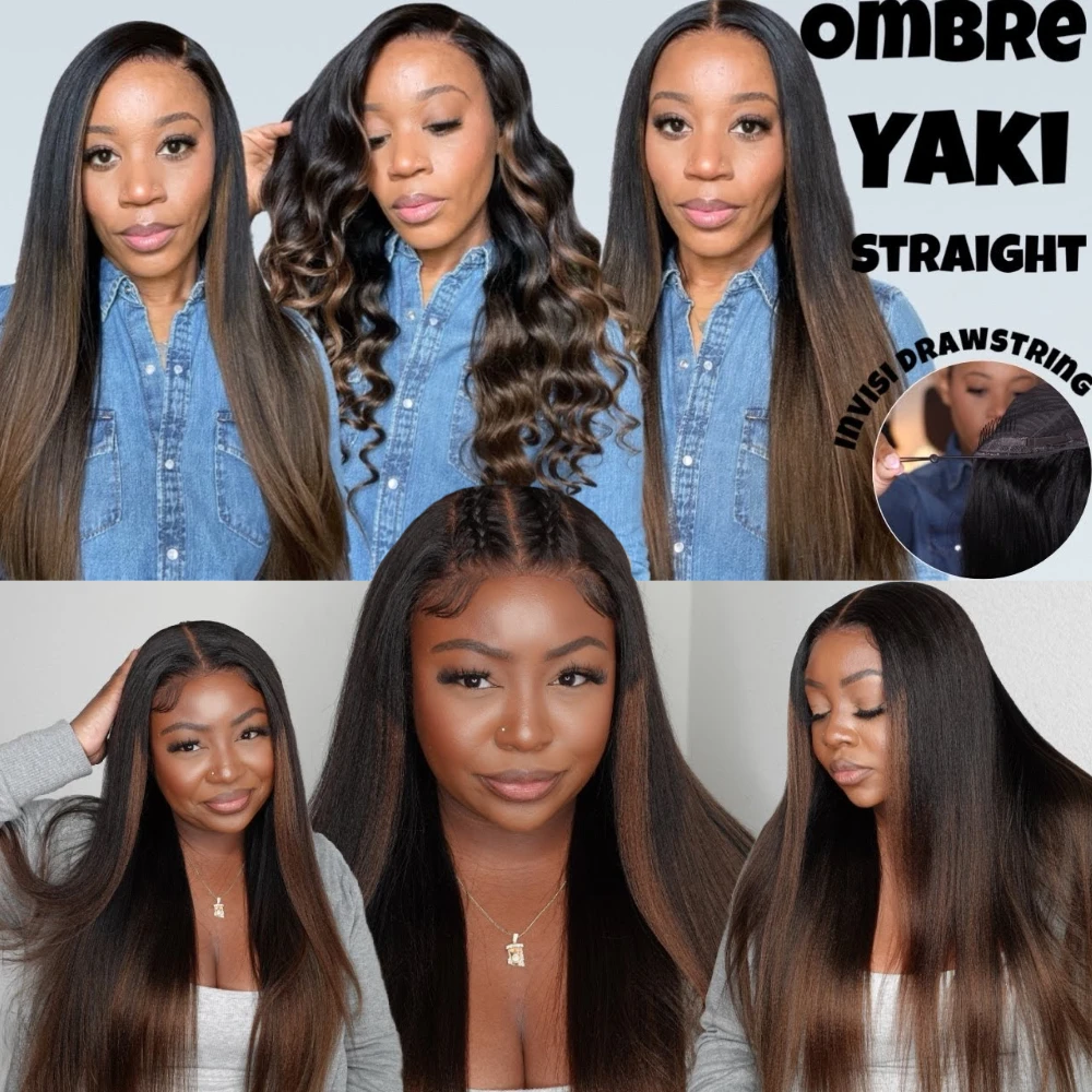 UNice 7x5 & 13x4 Lace Chestnut Brown Ombre Yaki Straight Human Hair Wig With Drawstring