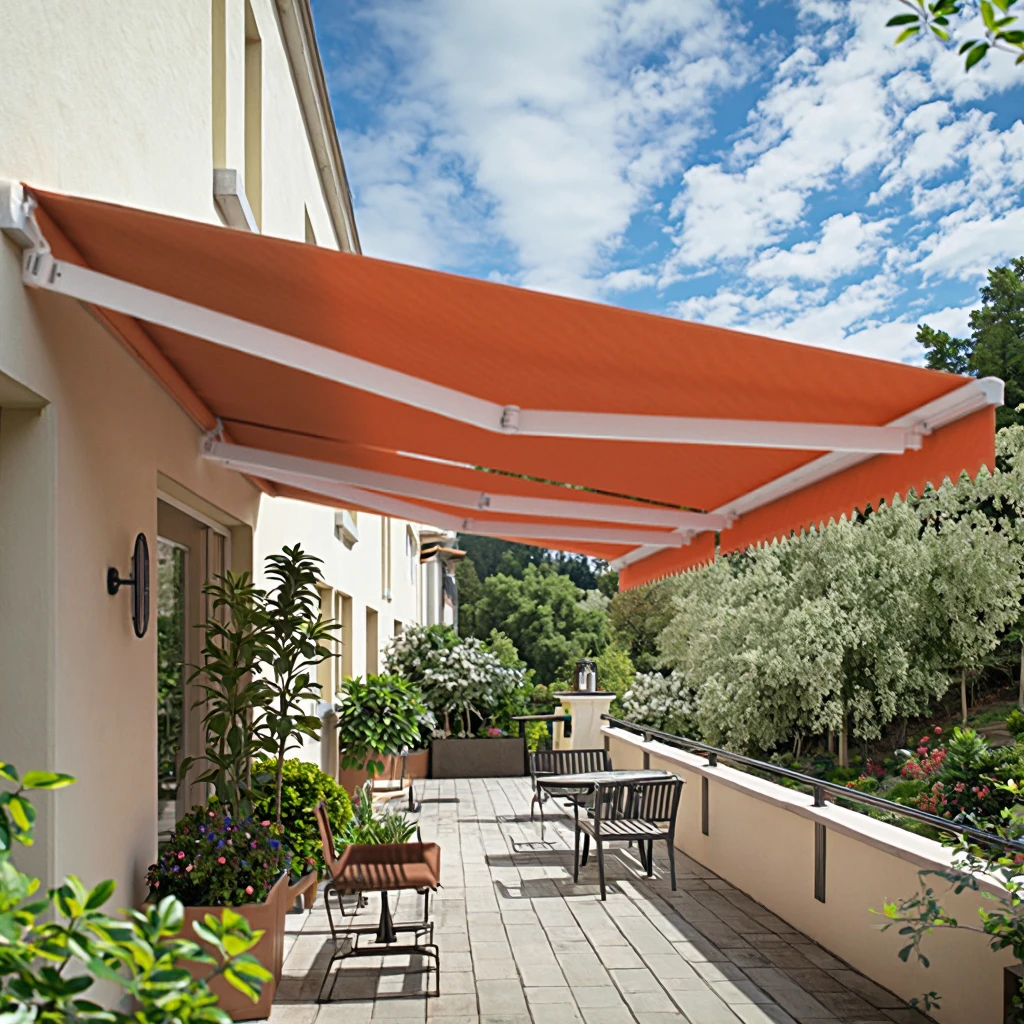 

Customized Modern Villa Outdoor Electric Sunshades Polyester Curved Aluminum Alloy Frame Retractable Folding Canopies Remote
