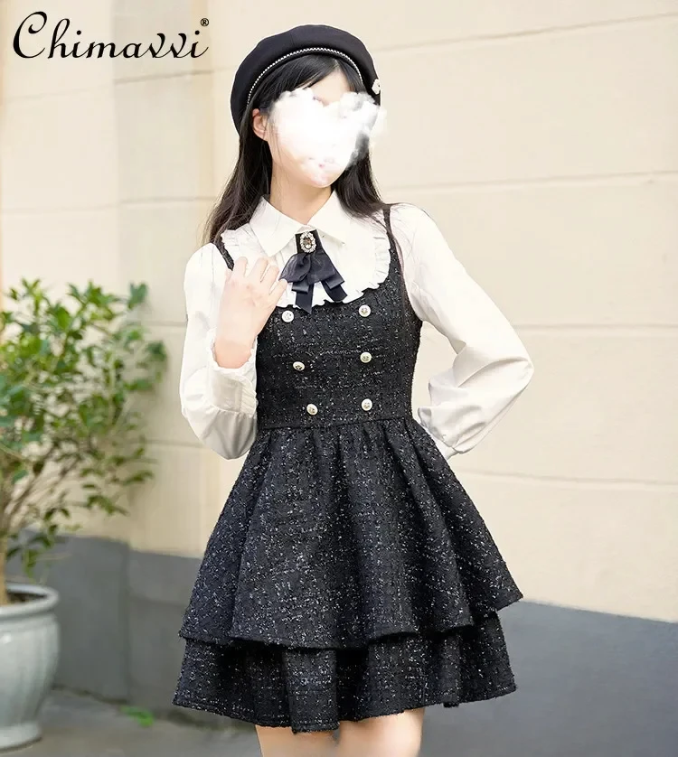 

French Style Sweet Girls White Lapel Color Matching Short Dress Contrast Colors False-Two-Piece Long Sleeve Cake Dresses Women