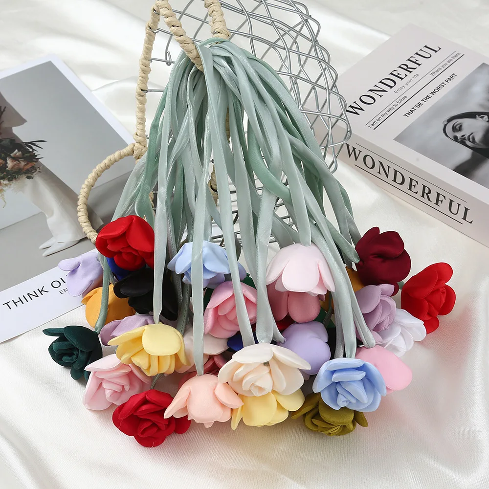 

10pcs/lot Artificial Rose Flowers Hair Rope Headband Accessories Dress Clothing Bags Decoration Double Flower Head Handmade