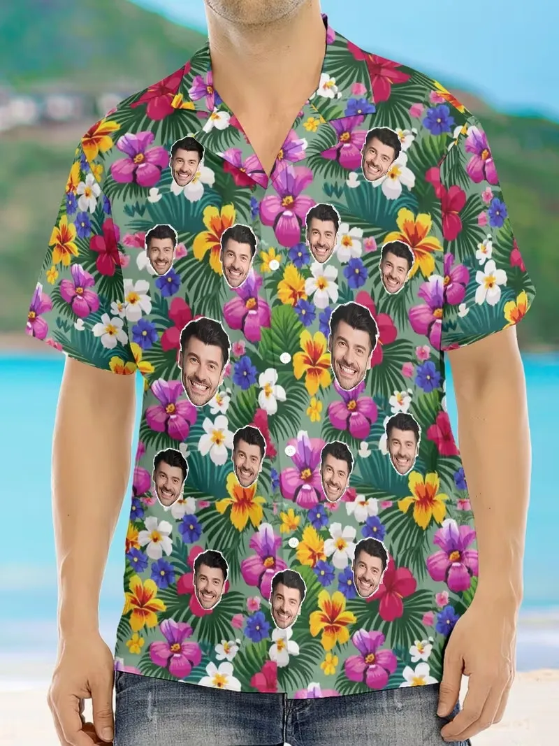 Customizable With Pet And Face Designs Hawaiian Shirts Personalized Men'S Button Up Short Sleeve Beach Shirts Summer Aloha Shirt