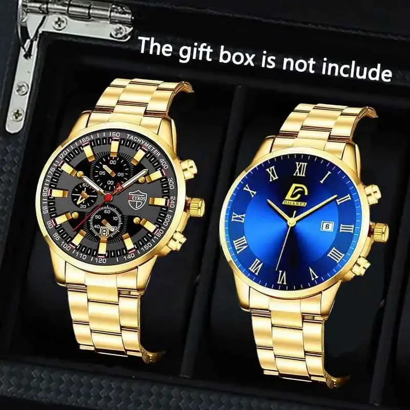 

Комплект мужских модных часов из 2 предметов, круглые аналоговые кварцевые часы в деловом стиле, противоударный ремешок из сплава и корпус