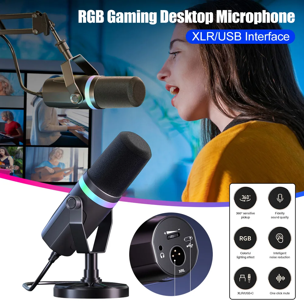 Dynamic Gaming Microphone RGB XLR/USB Dynamic Computer Microphones Desktop Mic For Studio Recording Live Streaming Podcasting