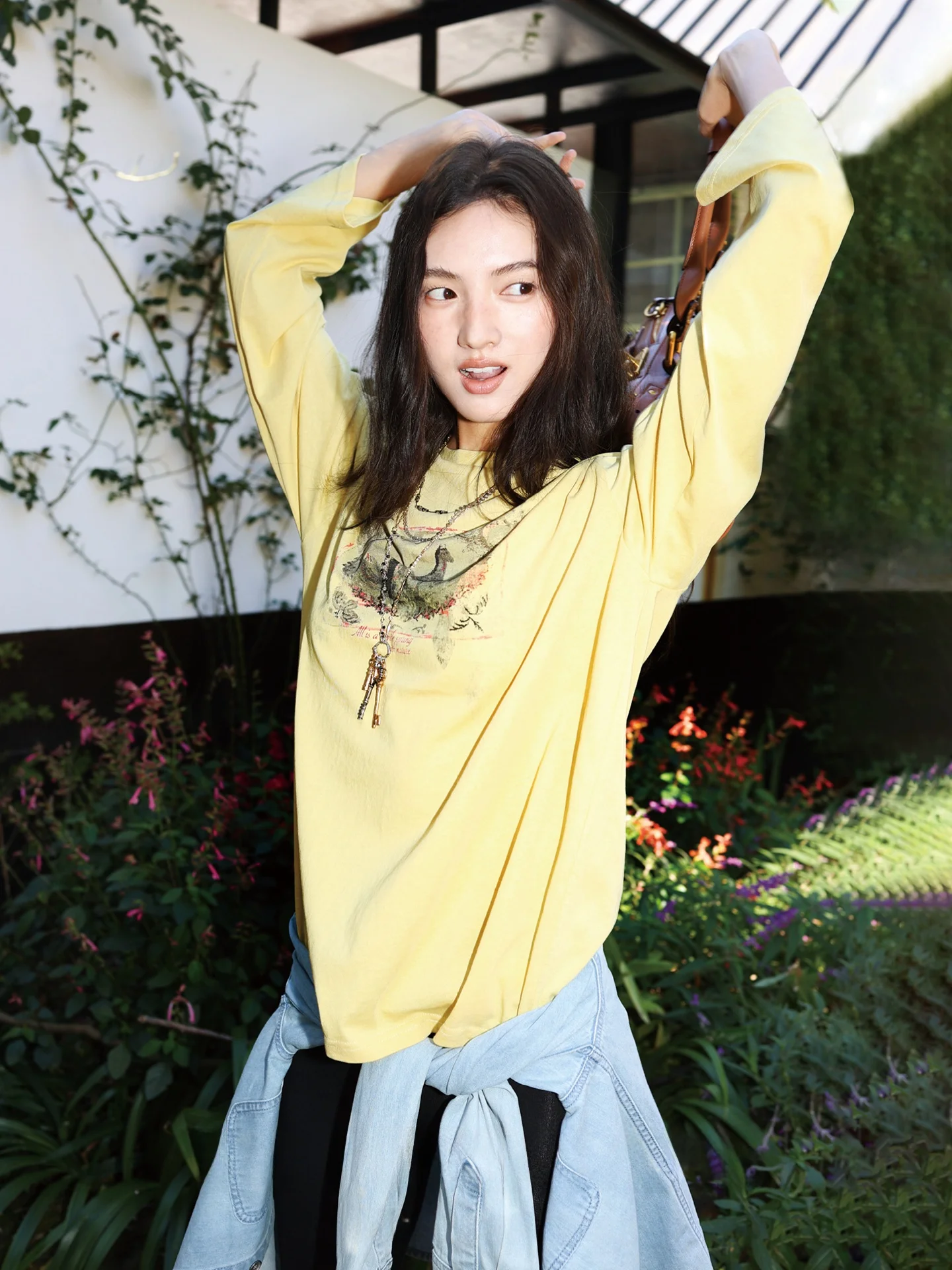 

Breathable Bamboo Cotton Long Sve T-irt round Ne Print Casual Loose Women's Top Comfortable Skin-Friendly Summer Tee