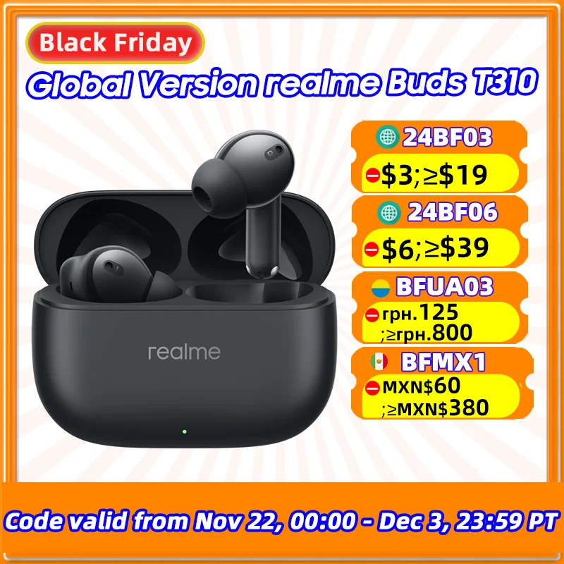 Global Version realme Buds T310  Active Noise Cancelling True Wireless Earphone 46dB TWS Earphone 40 Hours  For realme 13 PRO