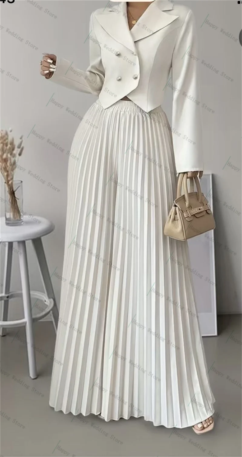 

White Women Suit Set 2 Piece Blazer+Loose Ruffles Pants Trousers Autumn Formal Office Lady Customized Wedding Tuxedos Party Coat