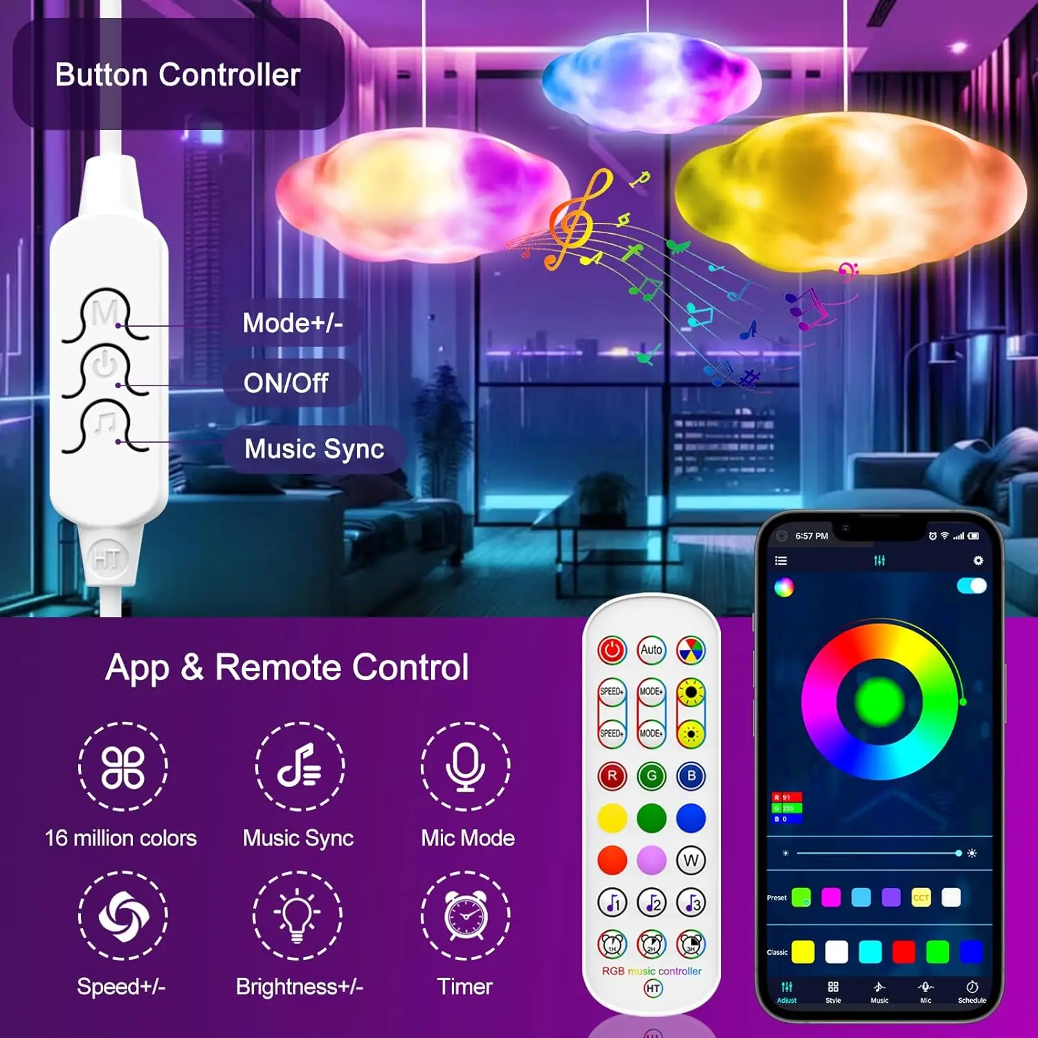 RGB LED Cloud Lights APP&Remote Control ，Music Sync 3D Lightning Night Lamp for Bedroom Gaming Room Ceiling Party Wedding Decor