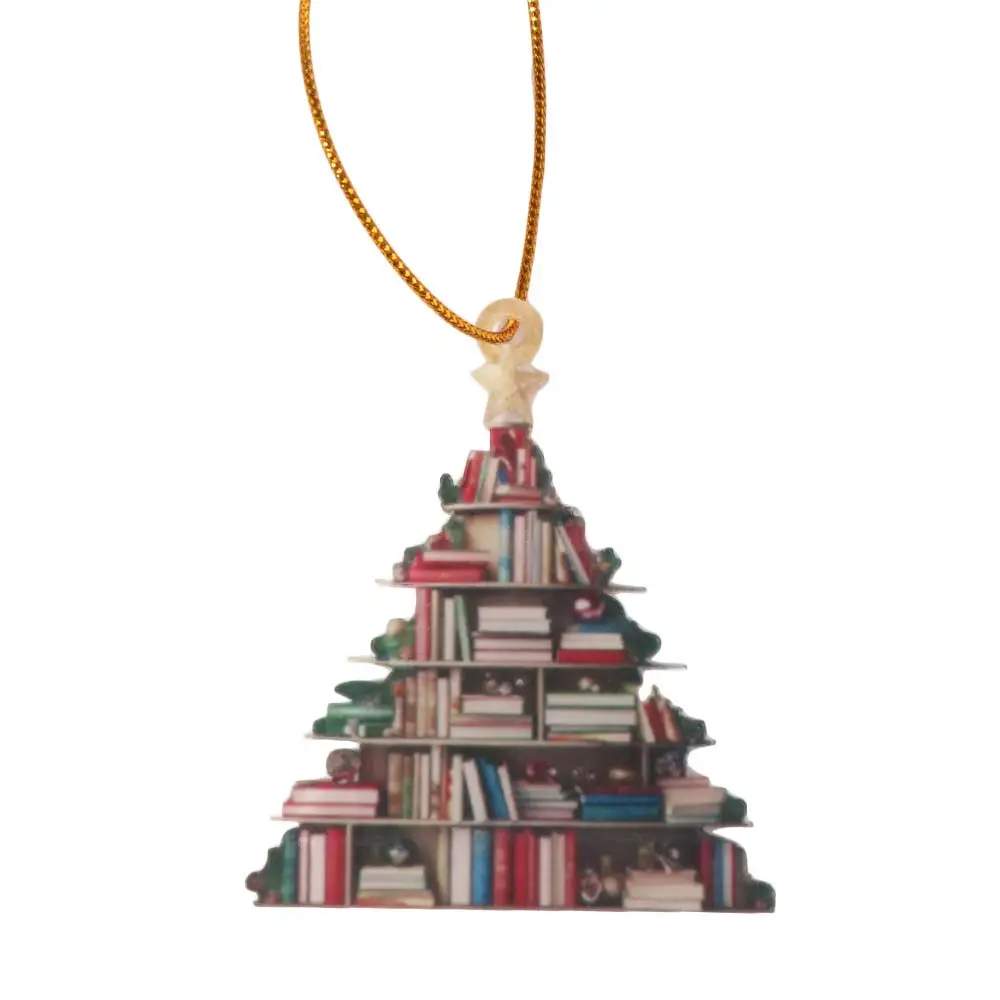 Acrylic Bookshelf Christmas Hanging 3D Bookshelf Flat Printing Xmas Tree Decoration Rearview Mirror Book Lovers