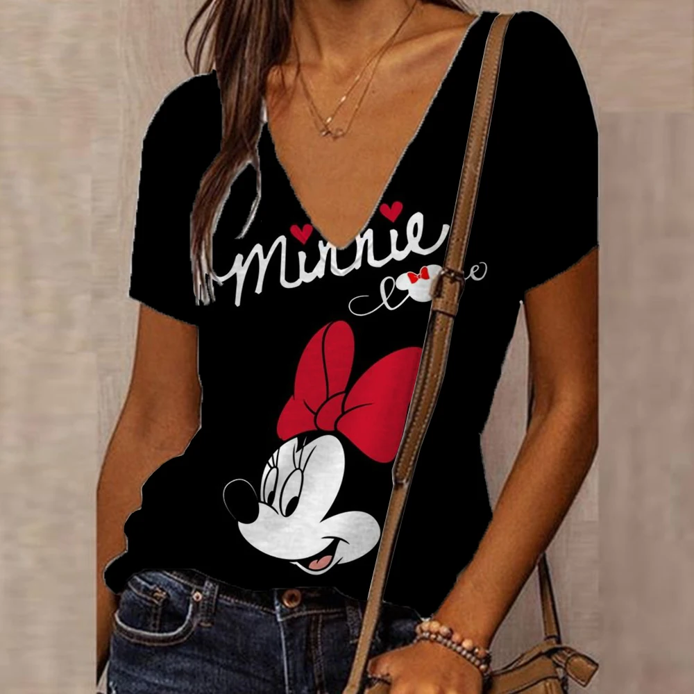 2024 Summer Women\'s Elegant Short sleeved Retro Disney Mickey Mouse Print Top Daily Street Fashion T-shirt Sexy V-neck T-shirt