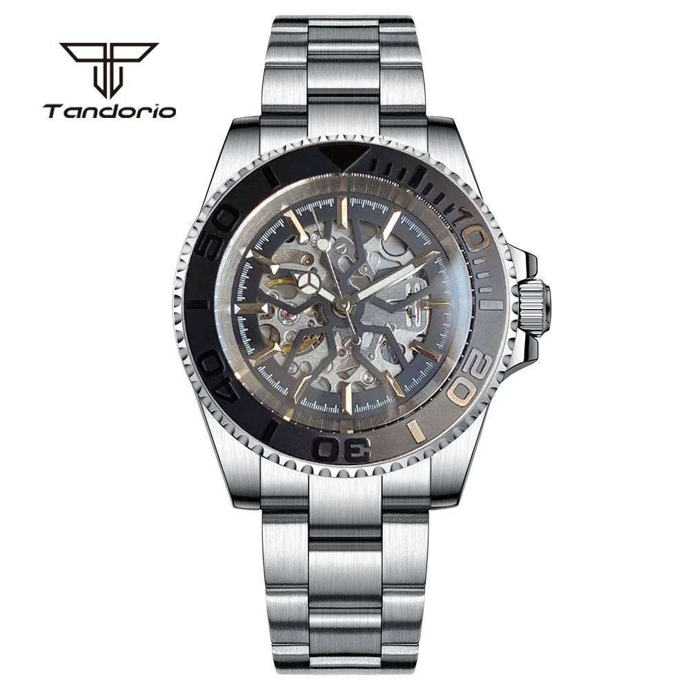 Tandorio Hollow Dial NH70 Movt Skeleton 40mm Dive Automatic Watch for Men Sapphire 120 Clicks Bezel Stainless Steel Wristwatch