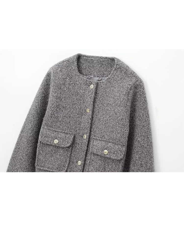 HH Vrouw Ronde Hals Lange Mouwen Enkele Breasted Zak Knop Decoratie Jas Vrouwelijke Winter Vrije tijd Street Style Korte Jas