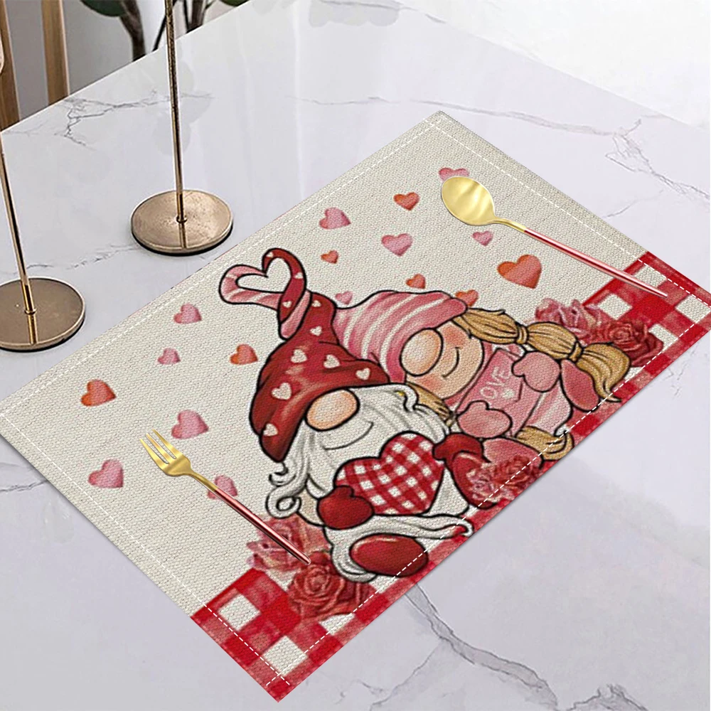Valentine's Day Heart Table Mat Cartoon Gnome Rose Romantic Placemat for Romantic Date Love Party Valentine's Dinner Home Decor